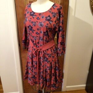 Anthropologie rust and blue embroidered belted swing dress